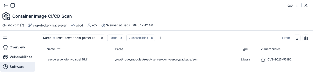 A screenshot from the Tenable Cloud Security interface showing results related to React2Shell (CVE-2025-55182)