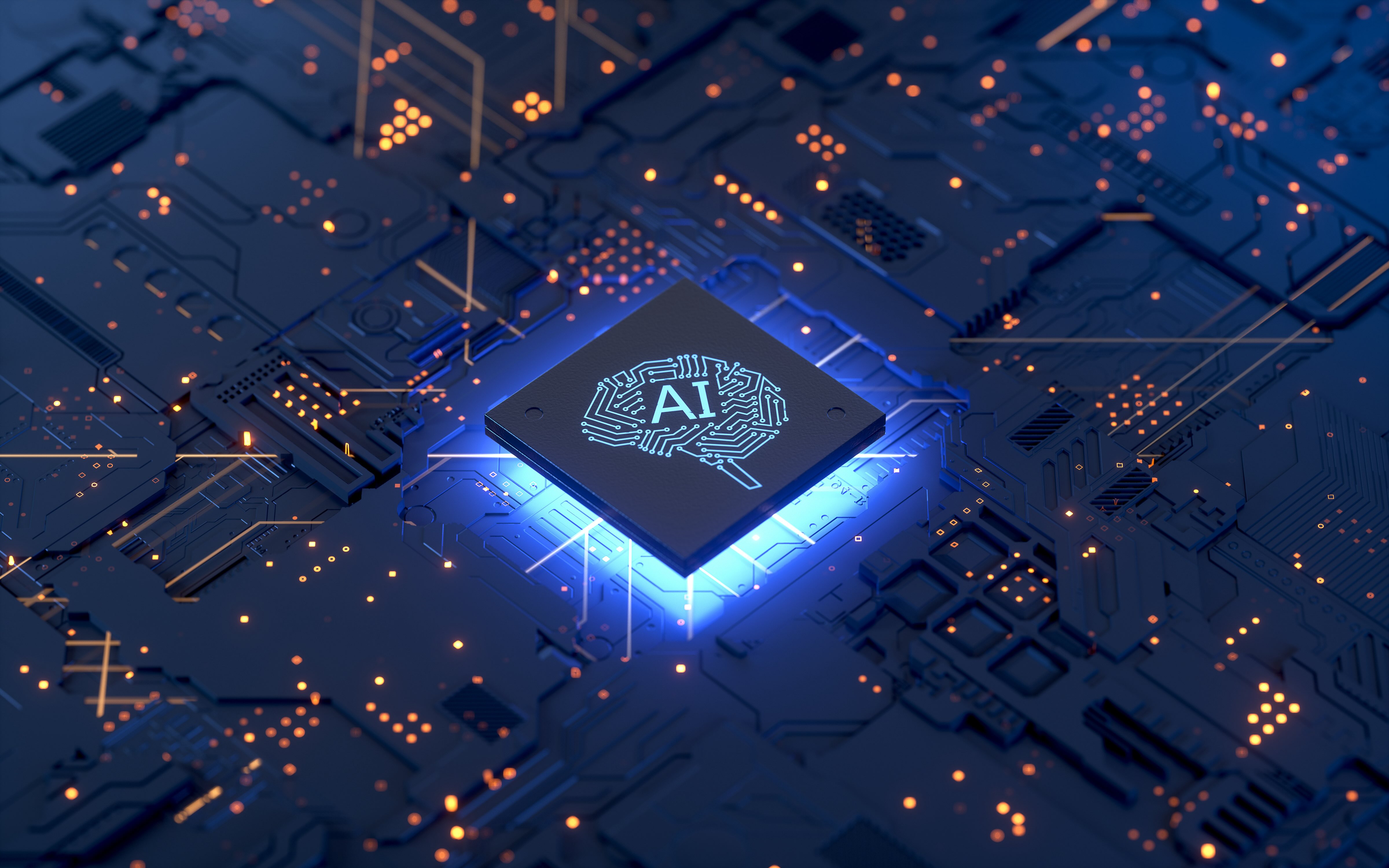 A close-up view of a glowing AI microchip embedded on a complex blue circuit board, with interconnected pathways and scattered orange lights symbolizing the integration of artificial intelligence in advanced technology systems.