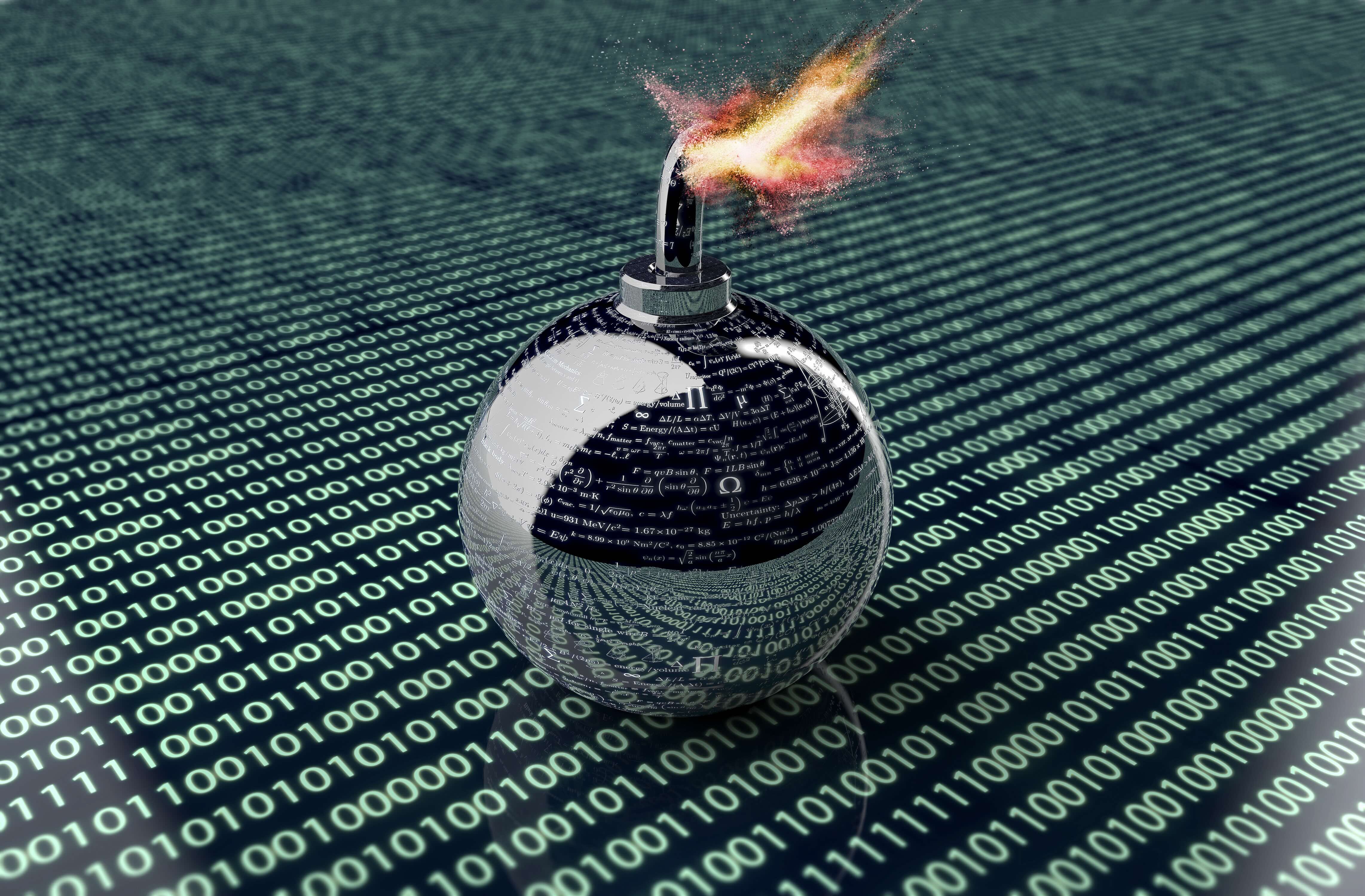 An image of a lit explosive device on top of lines of code