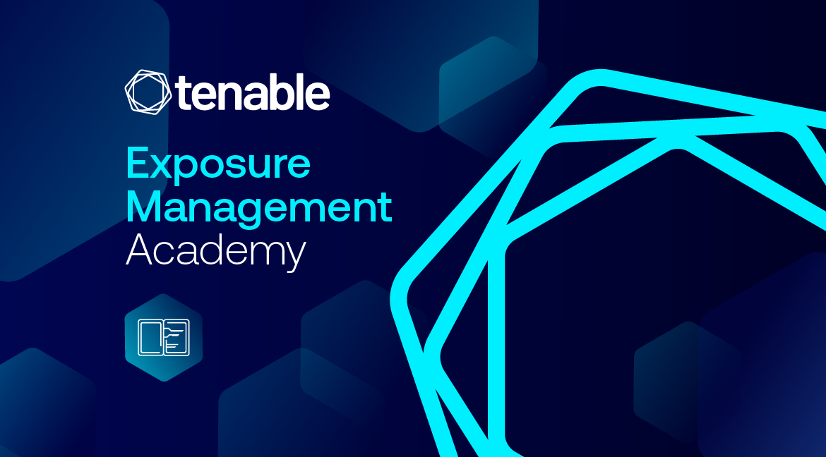 graphic for Exposure Management Academy blog series with words and logo in light blue on a dark blue background