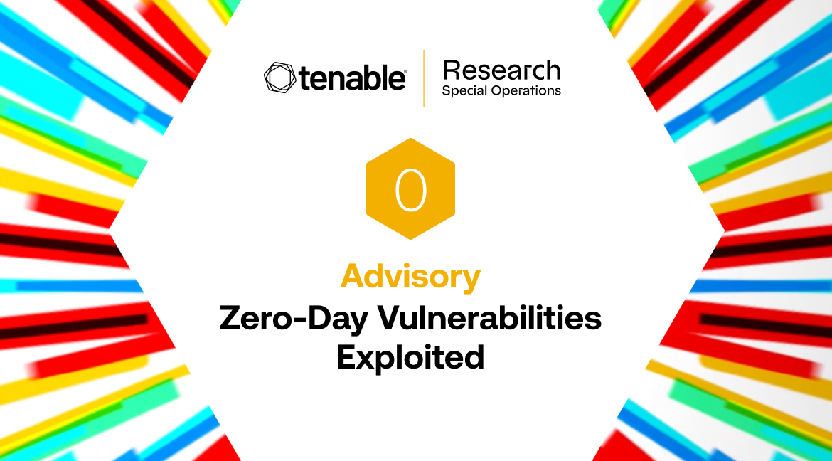 A security advisory graphic from Tenable Research Special Operations. The title reads, "Advisory: Zero-Day Vulnerabilities Exploited," centered below a yellow hexagon icon with the number zero. The image is bordered by colorful diagonal stripes.