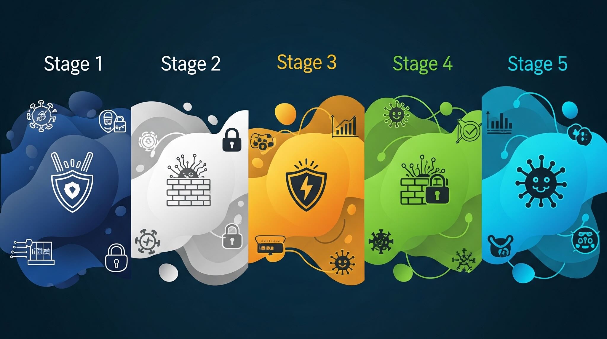 Abstract image with cybersecurity iconography depicting the five stages of a cyber attack on a dark blue background
