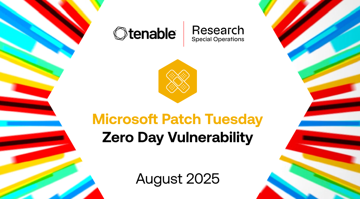 A promotional graphic for the August 2025 Microsoft Patch Tuesday. The text reads 'Microsoft Patch Tuesday Zero Day Vulnerability' with a yellow bandage patch icon. The Tenable Research Special Operations logo is at the top.