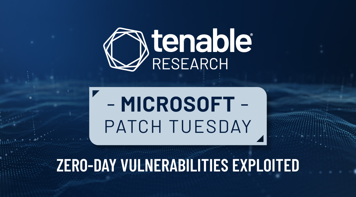 A blue gradient background with the Tenable Research logo in the top center of the image. Underneath it is a rectangular shaped box with sharp edges onn the top left and bottom right corners. The box contains the word "MICROSOFT" in bold text at the top with the words "PATCH TUESDAY" unbolded underneath it. At the bottom center of the image the words: "Zero-Day Vulnerabilities Exploited." This is the July 2024 Patch Tuesday release which includes fixes for two zero-day vulnerabilities exploited in the wild.