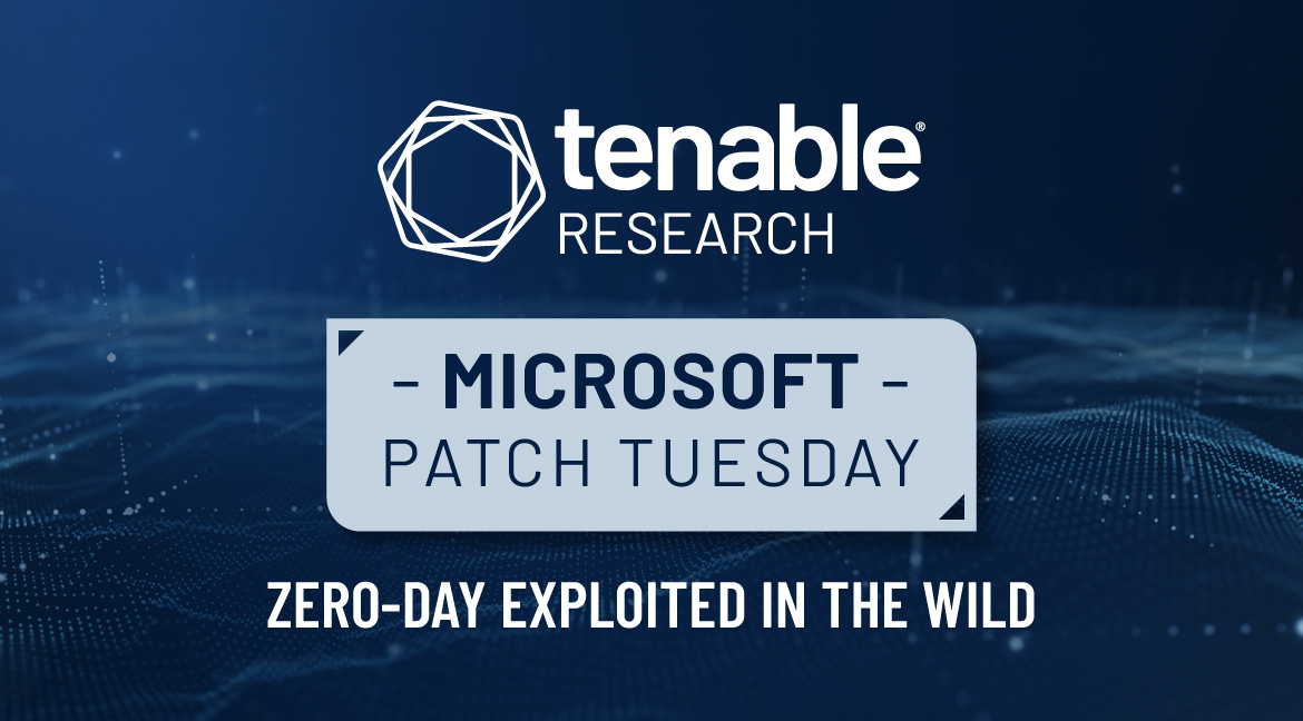 A blue gradient background with the Tenable Research logo at the top center. A grey box with sharp corners contains the word "MICROSOFT" in bold text with the word "PATCH TUESDAY" underneath it. At the bottom center of the image are the words "Zero-Day Vulnerability Exploited." For the December 2024 Patch Tuesday, Microsoft patched 70 CVEs including one that was exploited in the wild as a zero-day (CVE-2024-49138).