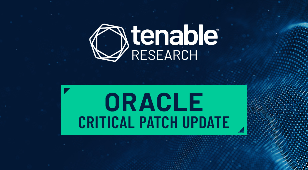 A blue background with the logo for Tenable Research located at the top center. Underneath it is a green, rectangular box with arrows pointing out at the top left and bottom right of the rectangle. Inside the box the word "ORACLE" is located at the top center in bold text, with the words "CRITICAL PATCH UPDATE" underneath it. This blog highlights the fourth Critical Patch Update (CPU) of 2024, Oracle's fourth and final quarterly update for the year.