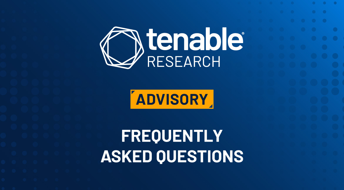 A blue gradient background with the Tenable Research logo in the top center. Underneath the logo is an orange/yellow rectangular shaped box with the word "ADVISORY" in it. Underneath it are the words "Frequently Asked Questions." This is an FAQ blog about a series of vulnerabilities in the Common UNIX Printing System (CUPS) that were disclosed on September 26.