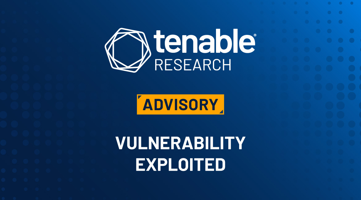 A blue gradient background featuring the Tenable Research logo located in the middle center. Underneath is a rectangular shaped yellowish orangeish box with the word "ADVISORY" in it. Underneath this box are the words "VULNERABILITY EXPLOITED." This blog is about a recently disclosed flaw in SolarWinds Serv-U that was exploited in the wild following the publication of proof-of-concept exploit details.