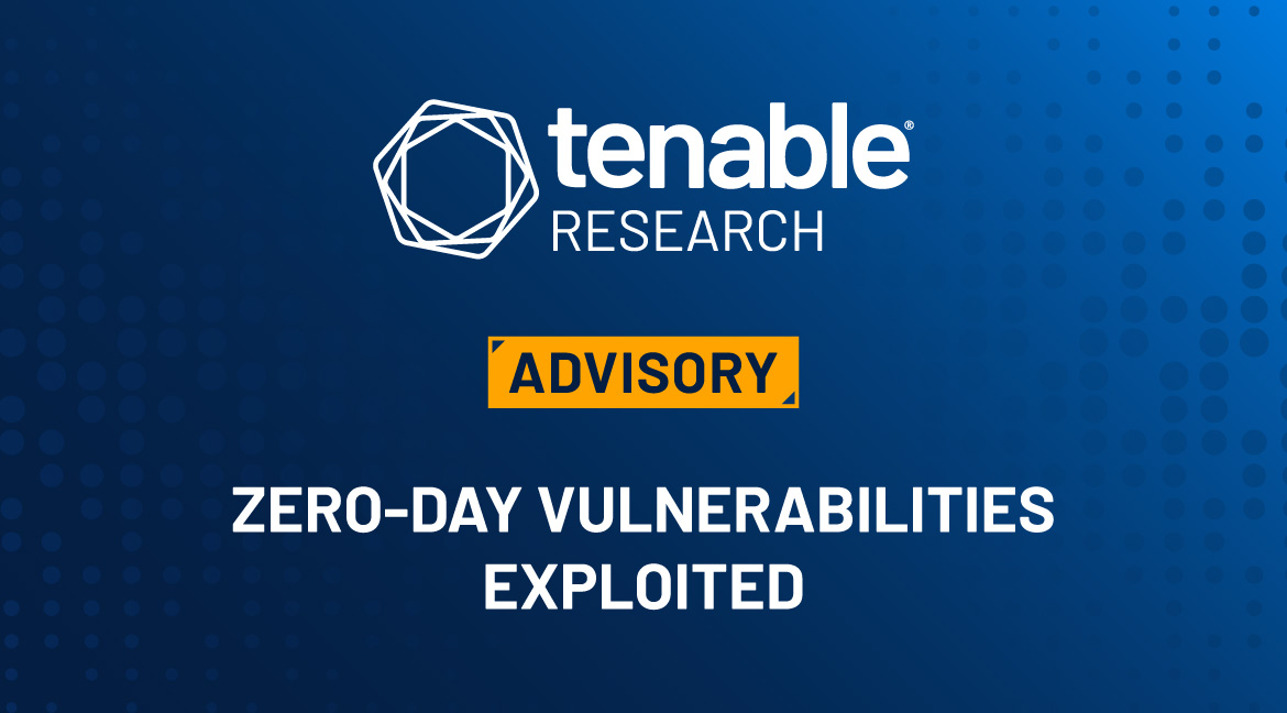 A blue gradient background. The Tenable Research Logo is at the top center of the image. Underneath it is a rectangular shaped box with the word "ADVISORY" in it. Underneath this box are the words "ZERO-DAY VULNERABILITIES EXPLOITED." This blog is about two zero-days in Palo Alto Networks PAN-OS that were exploited in the wild.