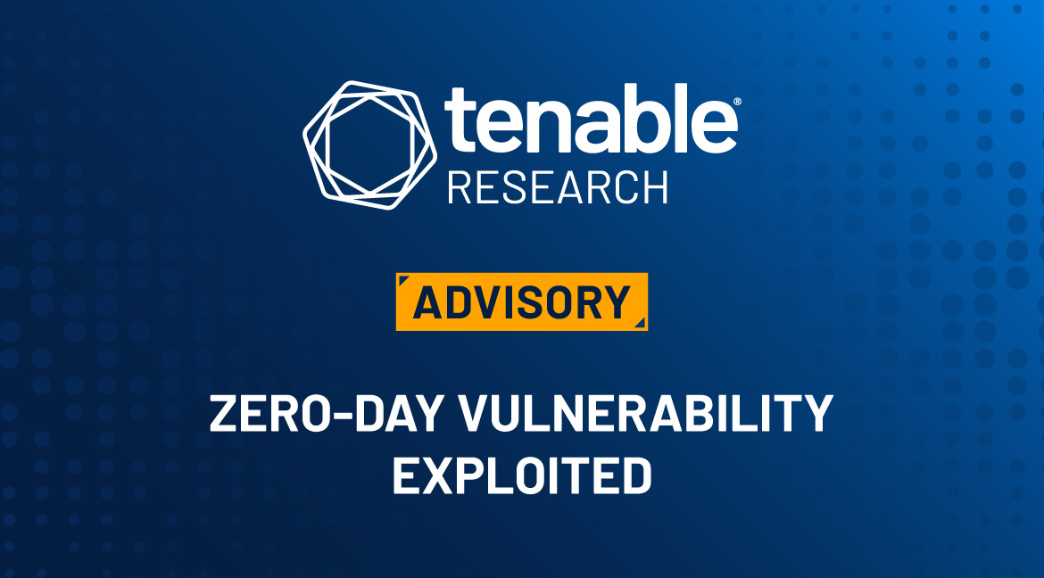 A blue gradient background with the Tenable Research logo in the top center. Underneath it is an orange rectangular box with the word "ADVISORY" in it. Underneath this box are the words: Zero-Day Vulnerability Exploited In The Wild. This is a blog about a new zero-day vulnerability in Ivanti Connect Secure that was exploited in the wild.