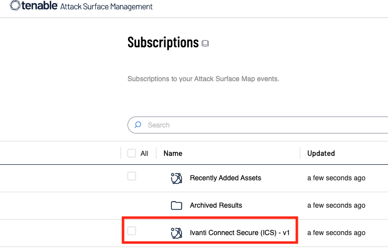 A screenshot of the Tenable Attack Surface Management user interface showing the Subscriptions section and highlighting the Ivanti Connect Secure (ICS) - v1" subscription that can be used to identify devices.