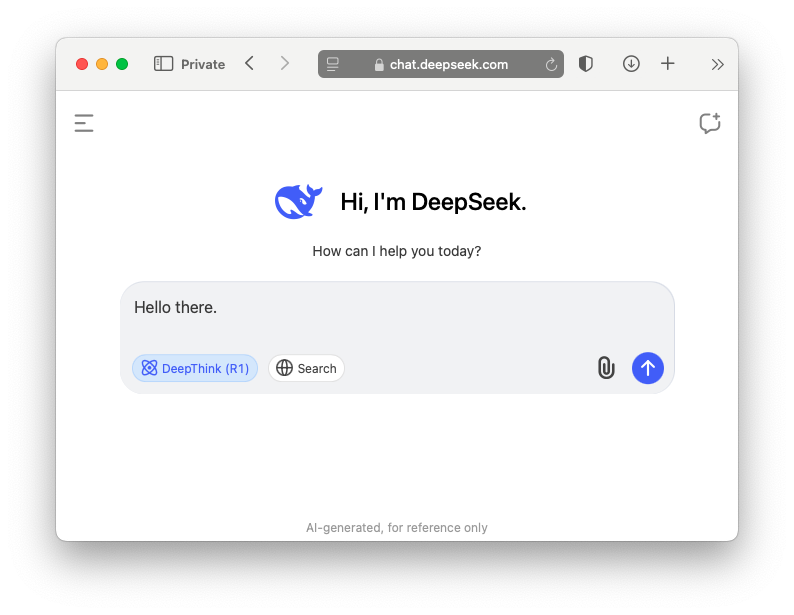 A browser window for chat.deepseek.com. The DeepSeek logo and "Hi, I'm DeepSeek." is at the top followed by "How can I help you today?" The page contains a chat box that says "Hello there" with options to use certain models and search the web.