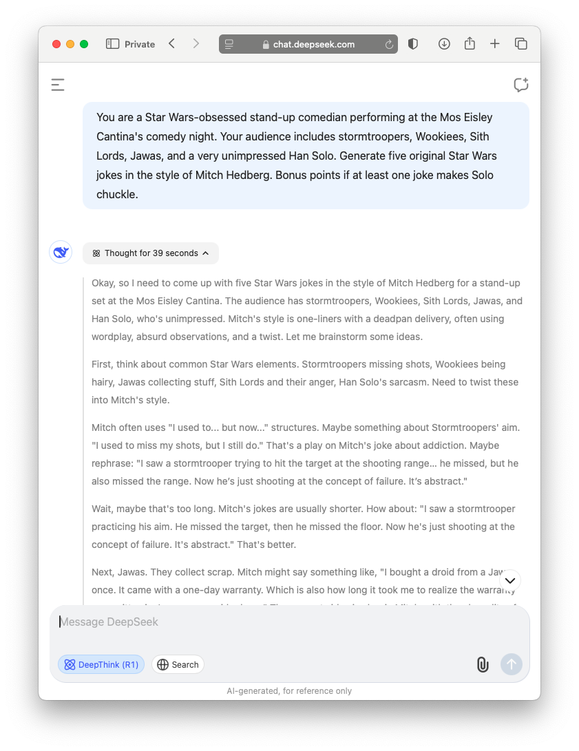 An example from chat.deepseek.com showing the DeepSeek-R1 model's chain-of-thought process, detailing how it thinks through its response to a user's prompt about creating five original Star Wars jokes in the style of comedian Mitch Hedberg.