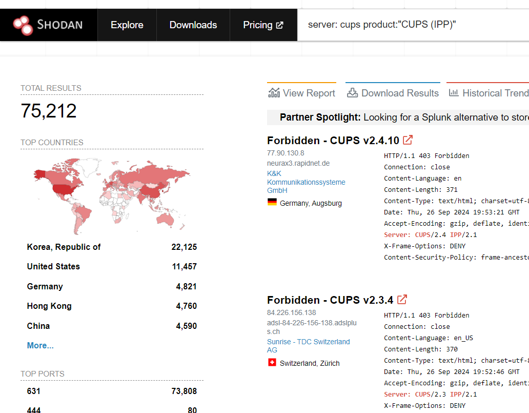 A screenshot from Shodan showing over 75,000 internet-accessible hosts running CUPS