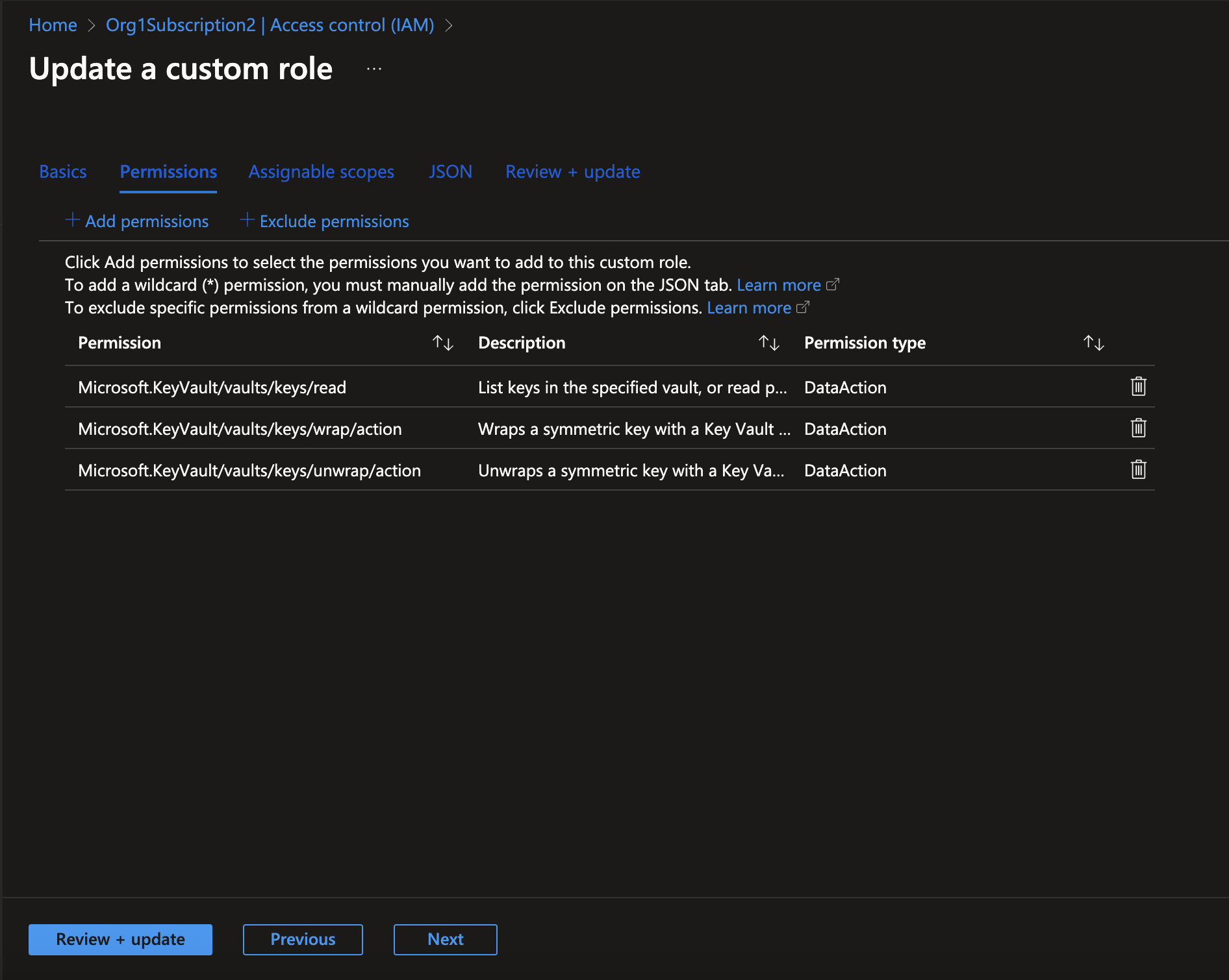 Screenshot of updating a custom role