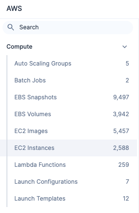 List showing AWS compute resource counts