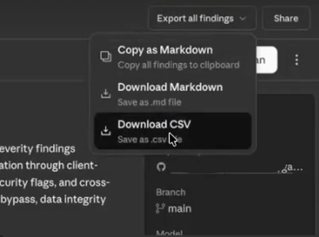Screenshot showing how to export Claude Security findings