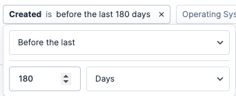 Screenshot within Tenable Cloud Security showing how to filter resources created before the last 180 days