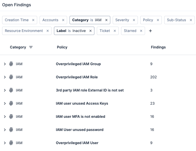 Screenshot within Tenable Cloud Security showing open findings, including a list of IAM security policies