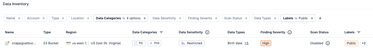 Screenshot within Tenable Cloud Security showing data inventory