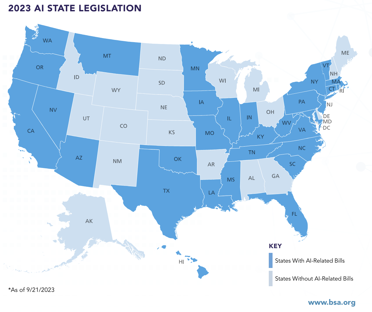 A map reveals the various activity of AI legislation in the United States