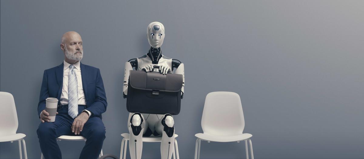 Image of a businessman and an AI robot sitting side by side