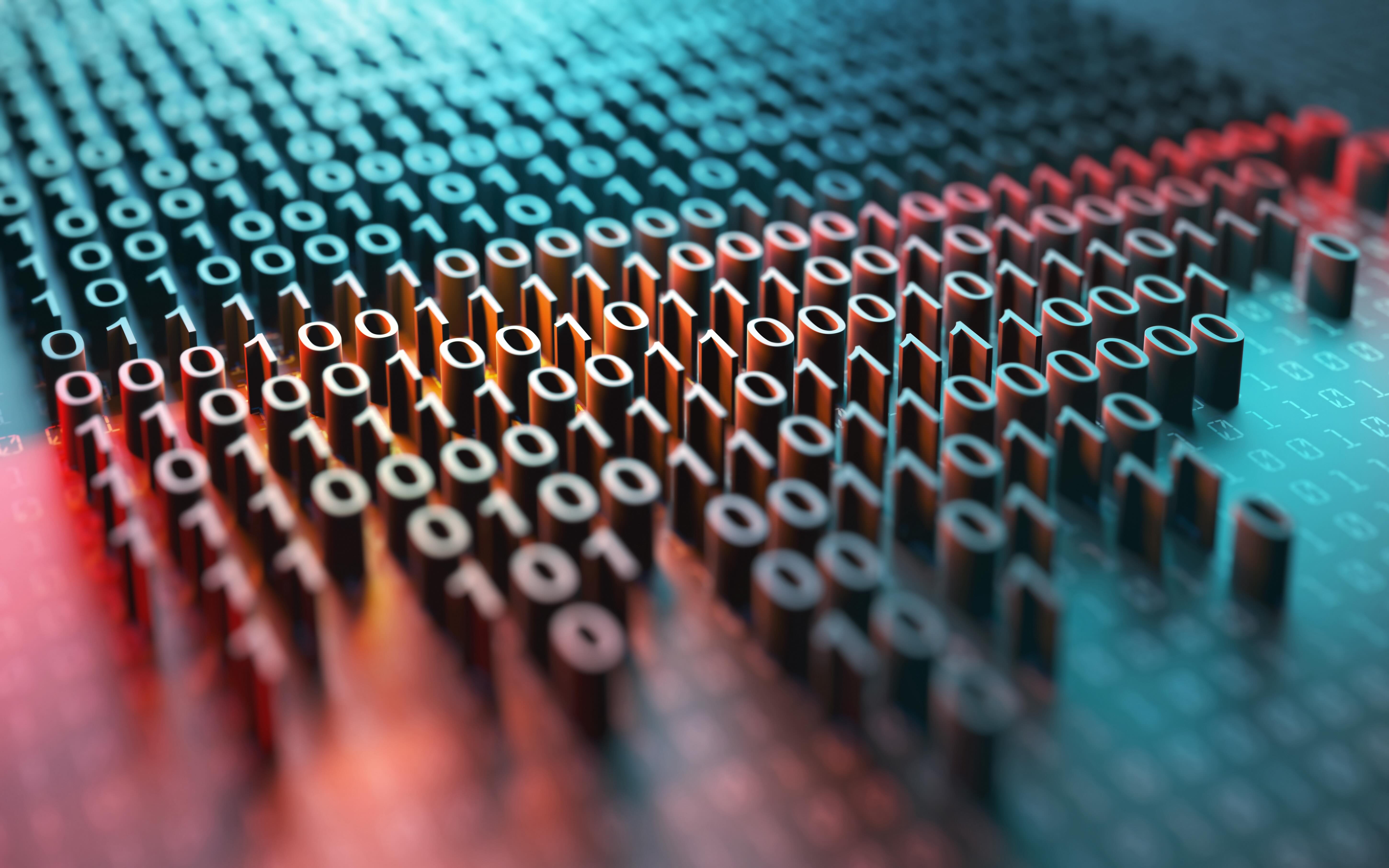 A colorful graphic showing ones and zeros raised off a surface to symbolize binary code