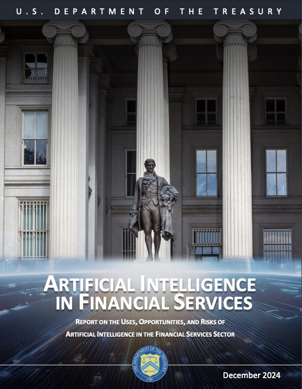 Cover of Treasury Department report "AI in Financial Services" showing a statue in front of the pillared Treasury building.