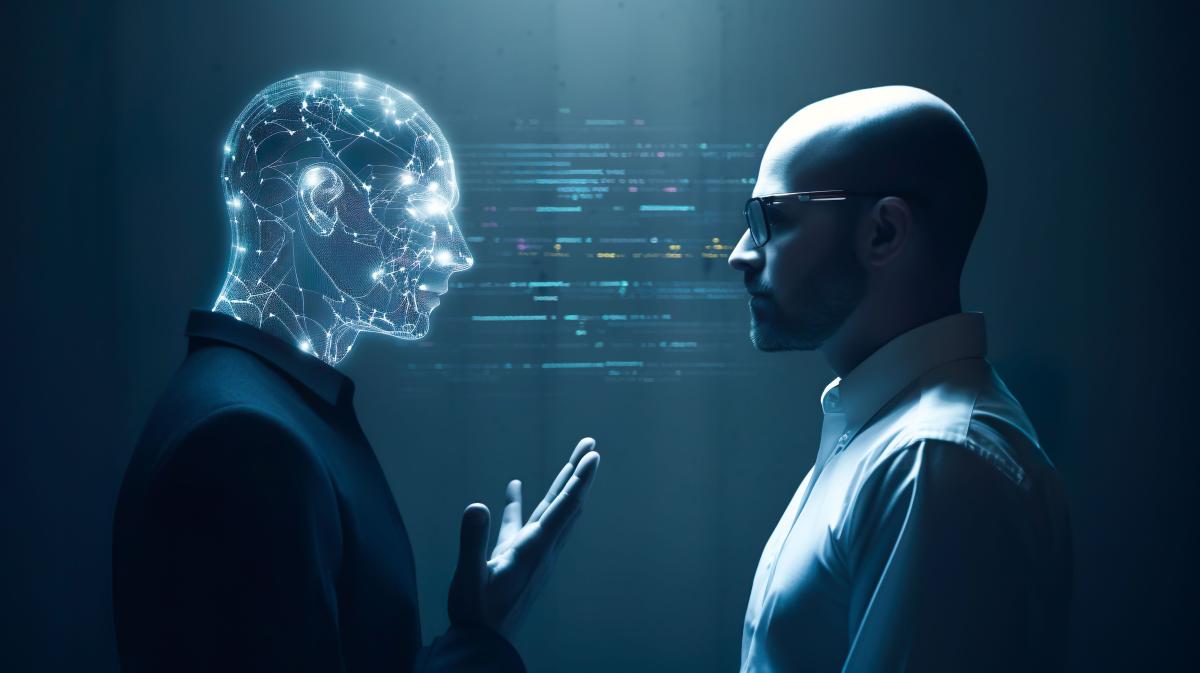 Image of a human being and an AI robot standing face to face