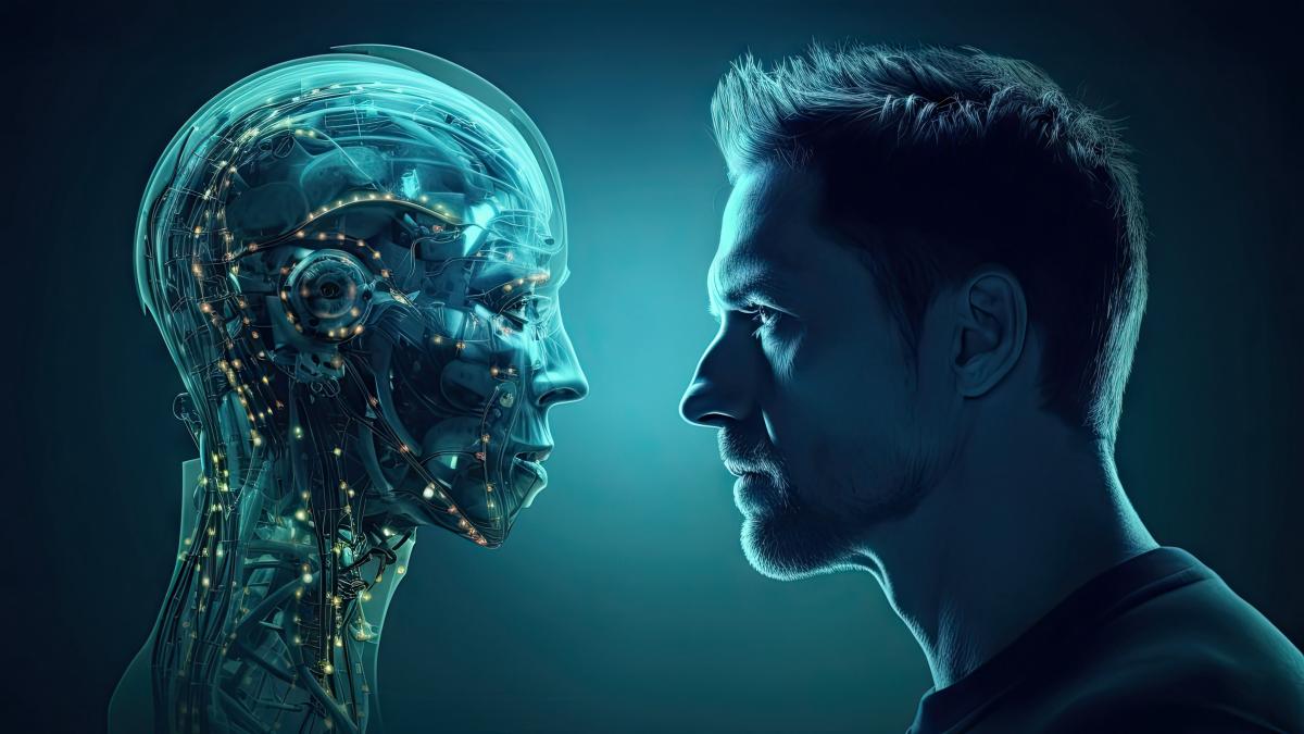 Image showing. AI robot facing a man