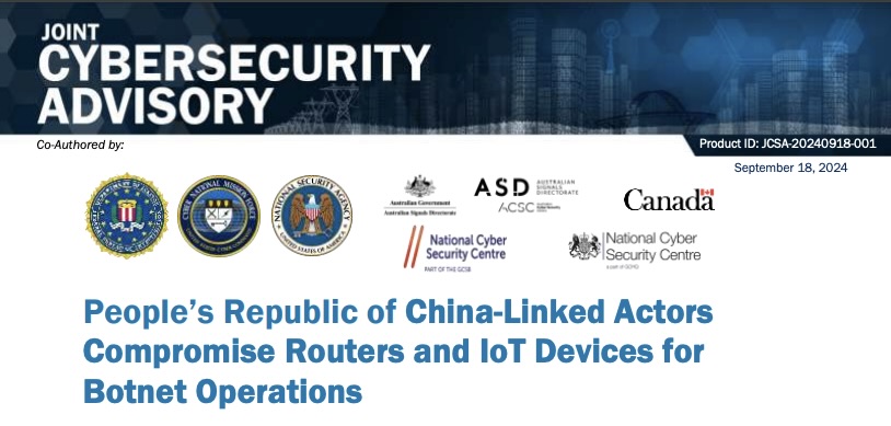 Header of the FBI's Joint Cybersecurity Advisory on PRC actors compromising routers and IoT devices for Botnet Operations