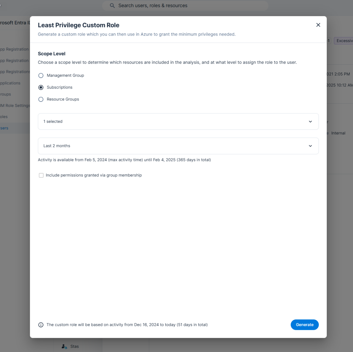 Generate least-privileged roles on demand for a specific scope and time frame 