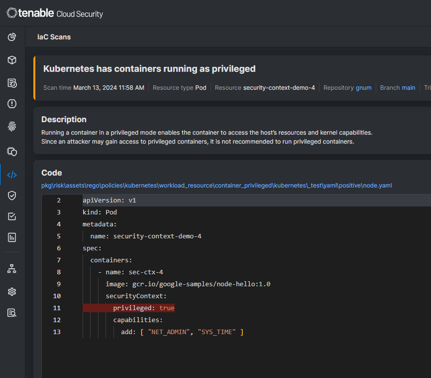 A Helm chart finding detected by Tenable Cloud Security and reported in the console