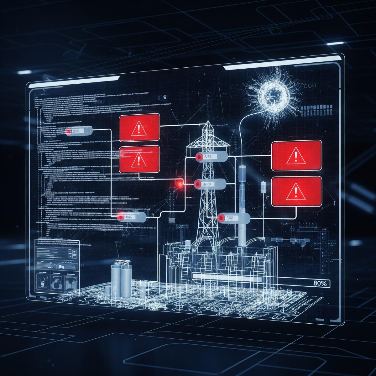Image showing a 3D model of a power plant's systems getting hacked
