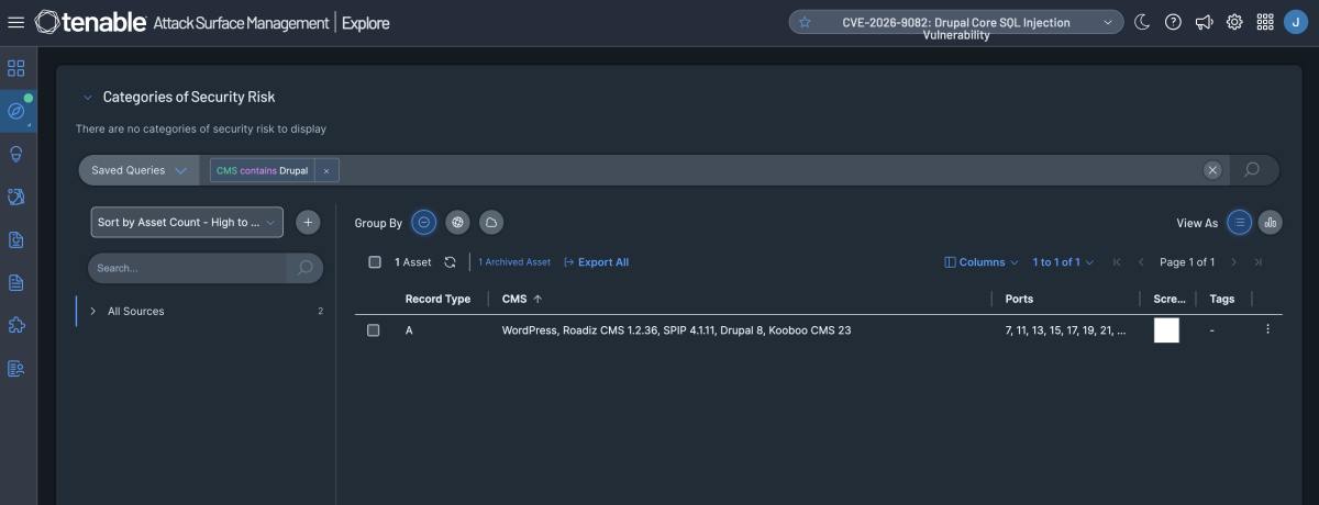Tenable Attack Surface Management query for CMS contains Drupal