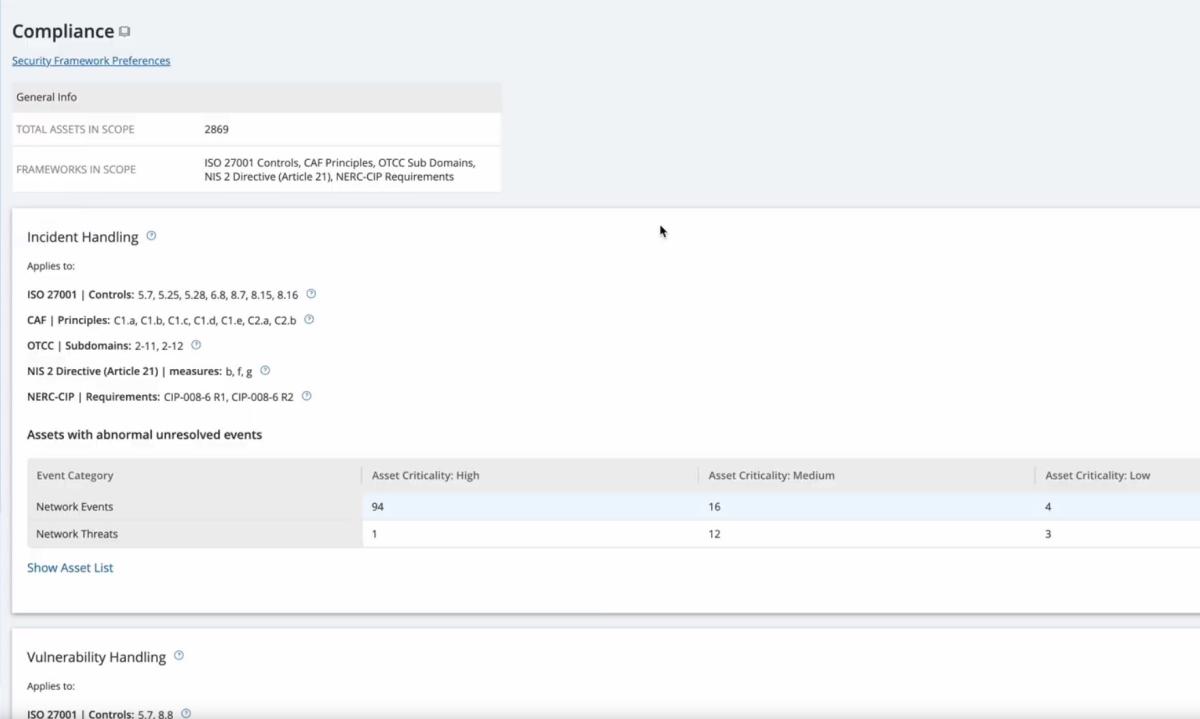 Screenshot of Tenable OT Security's compliance dashboard