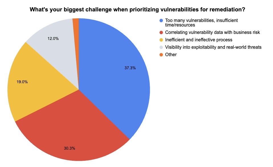 Pie chart showing too many vulnerabilities and insufficient time and resources as the biggest challenge when prioritizing vulnerabilities for remediation