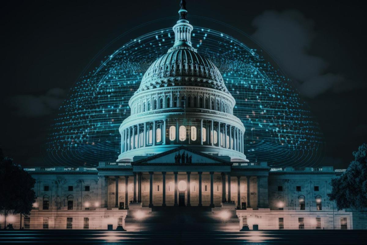 Illustration of the US Capitol with digital imagery in the background