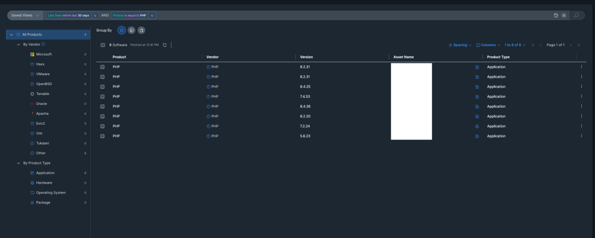 A screenshot of the Software tab in Tenable One Vulnerability Management filtered for PHP installations.