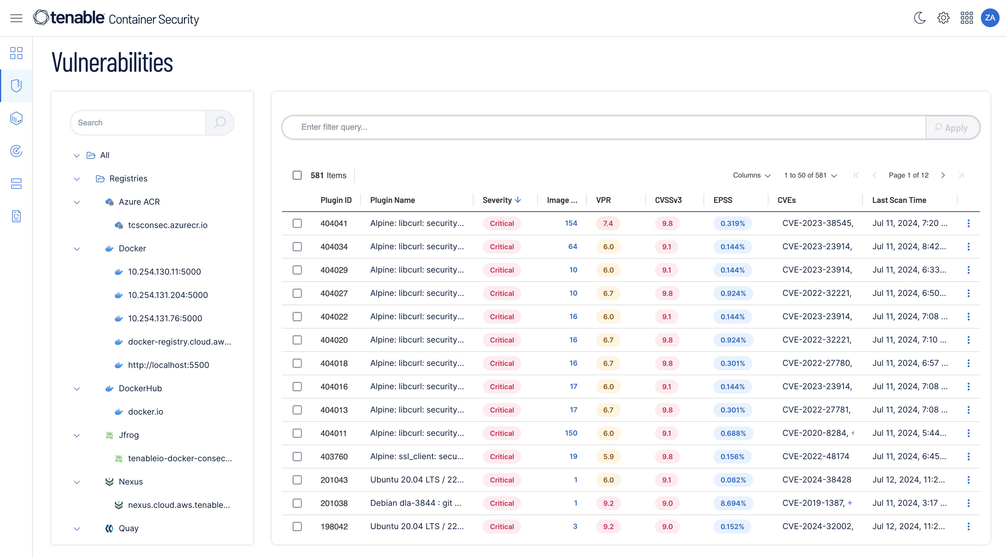 Screenshot of vulnerabilities within Tenable Container Security