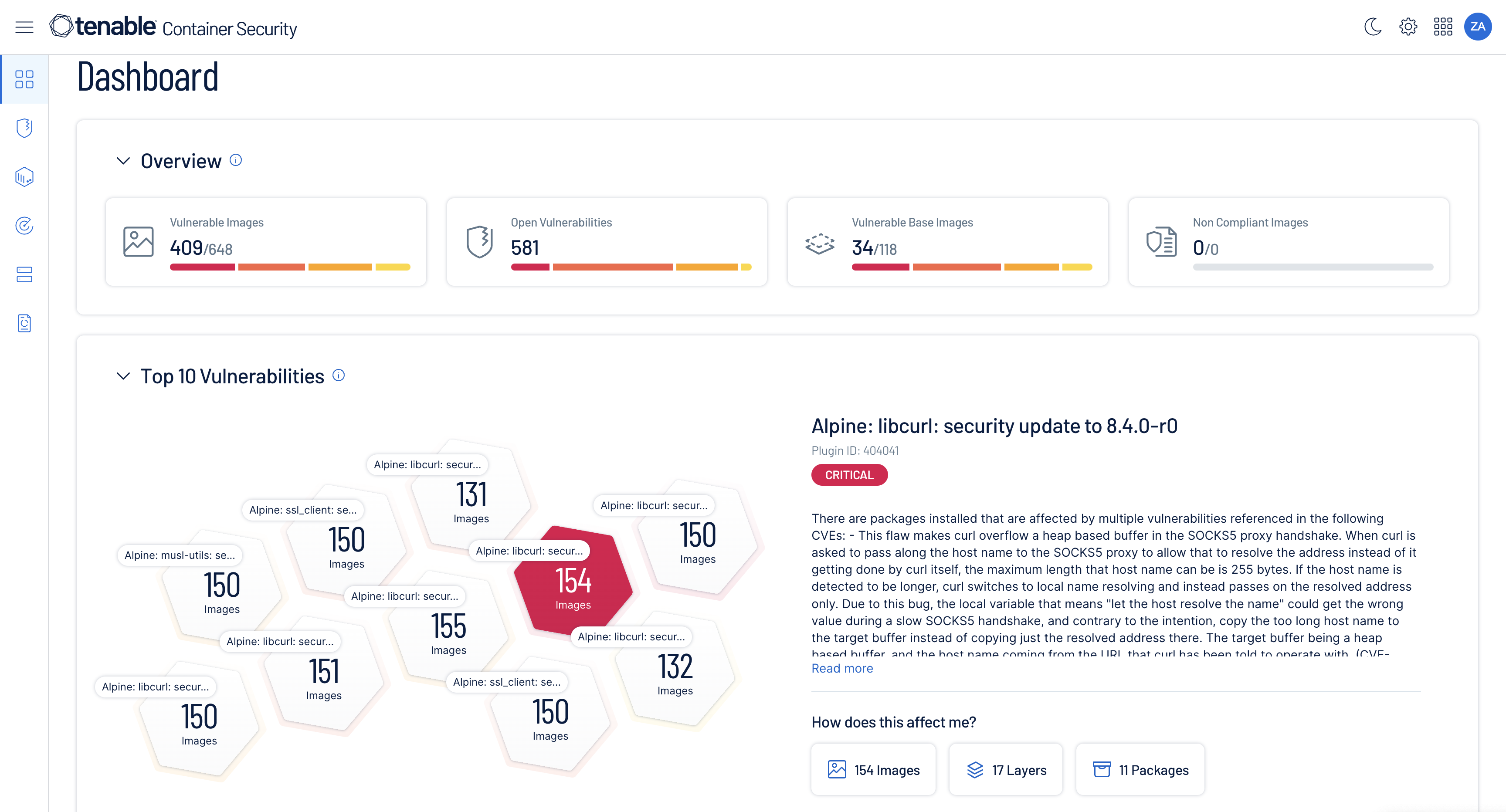 Screenshot of a dashboard showing vulnerabilities within Tenable Container Security