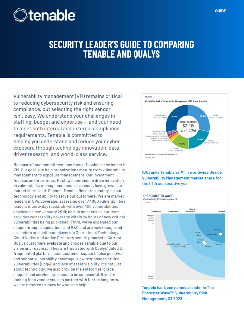 Cover page of Tenable's competitive guide to vulnerability management comparing Tenable and Qualys